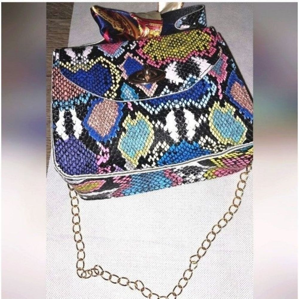 Women's Mini Snakeskin Embossed Handbag, Twilly Scarf Decor Flap Square Purse